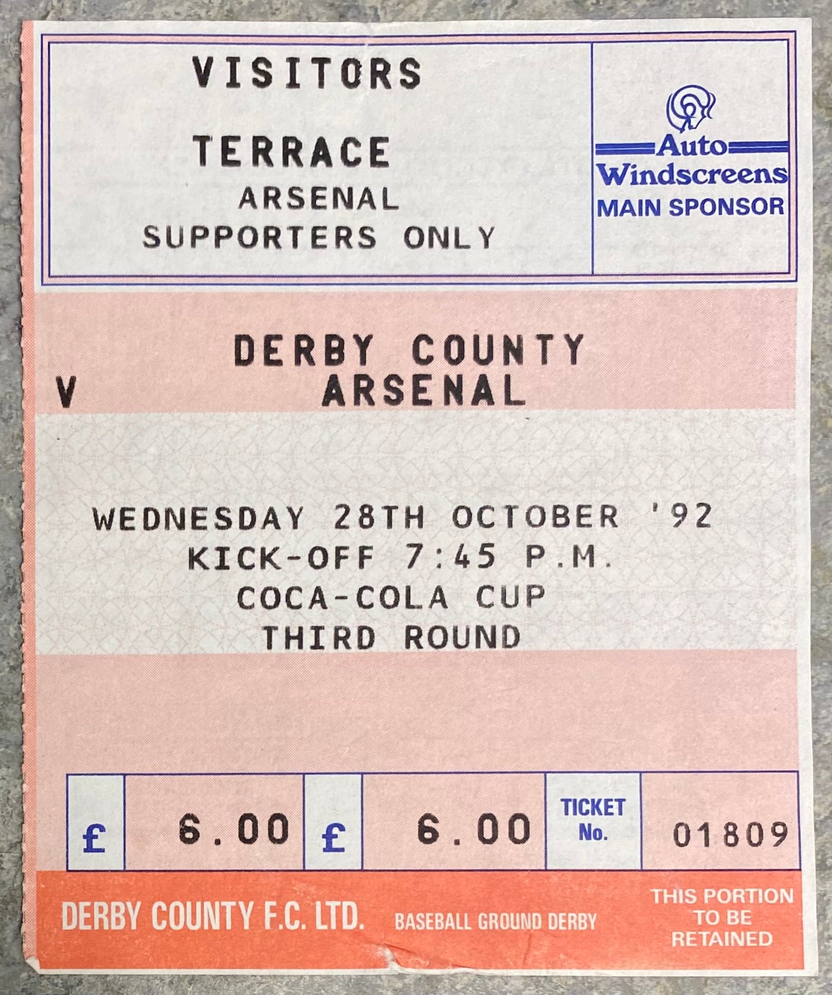 1992/93  ORIGINAL COCA COLA 3RD ROUND TICKET DERBY COUNTY V ARSENAL
