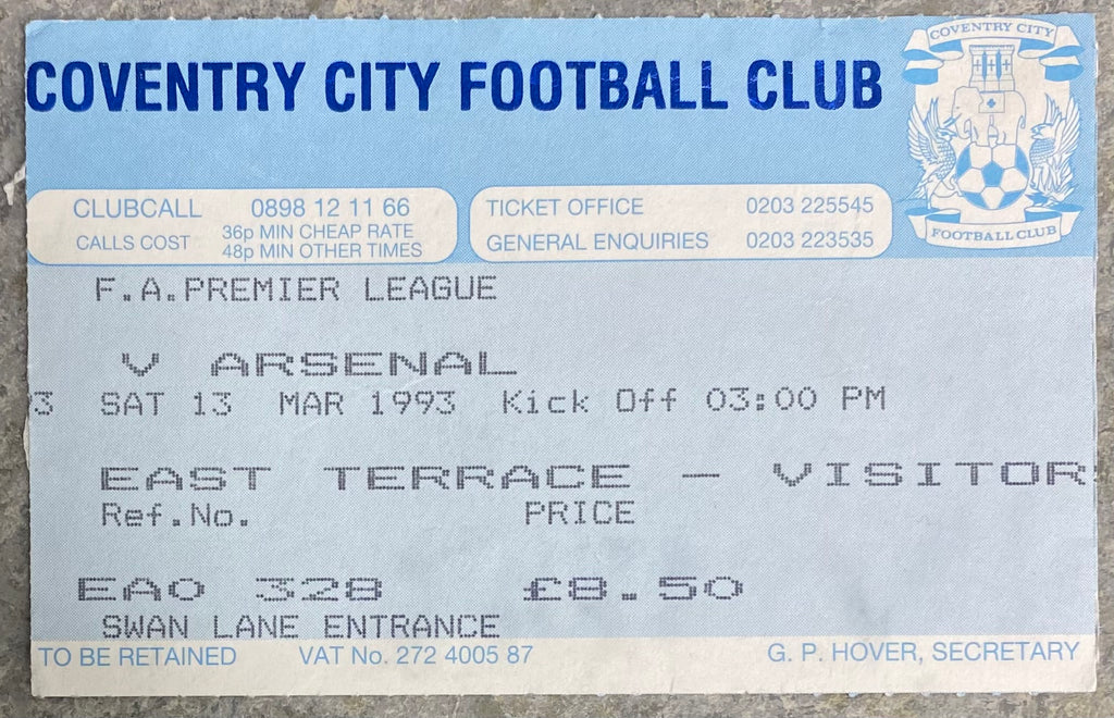1992/93 ORIGINAL PREMIER LEAGUE TICKET COVENTRY CITY V ARSENAL