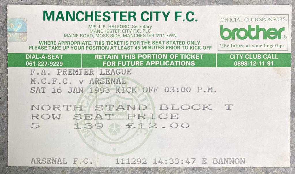 1992/93 ORIGINAL PREMIER LEAGUE TICKET MANCHESTER CITY V ARSENAL