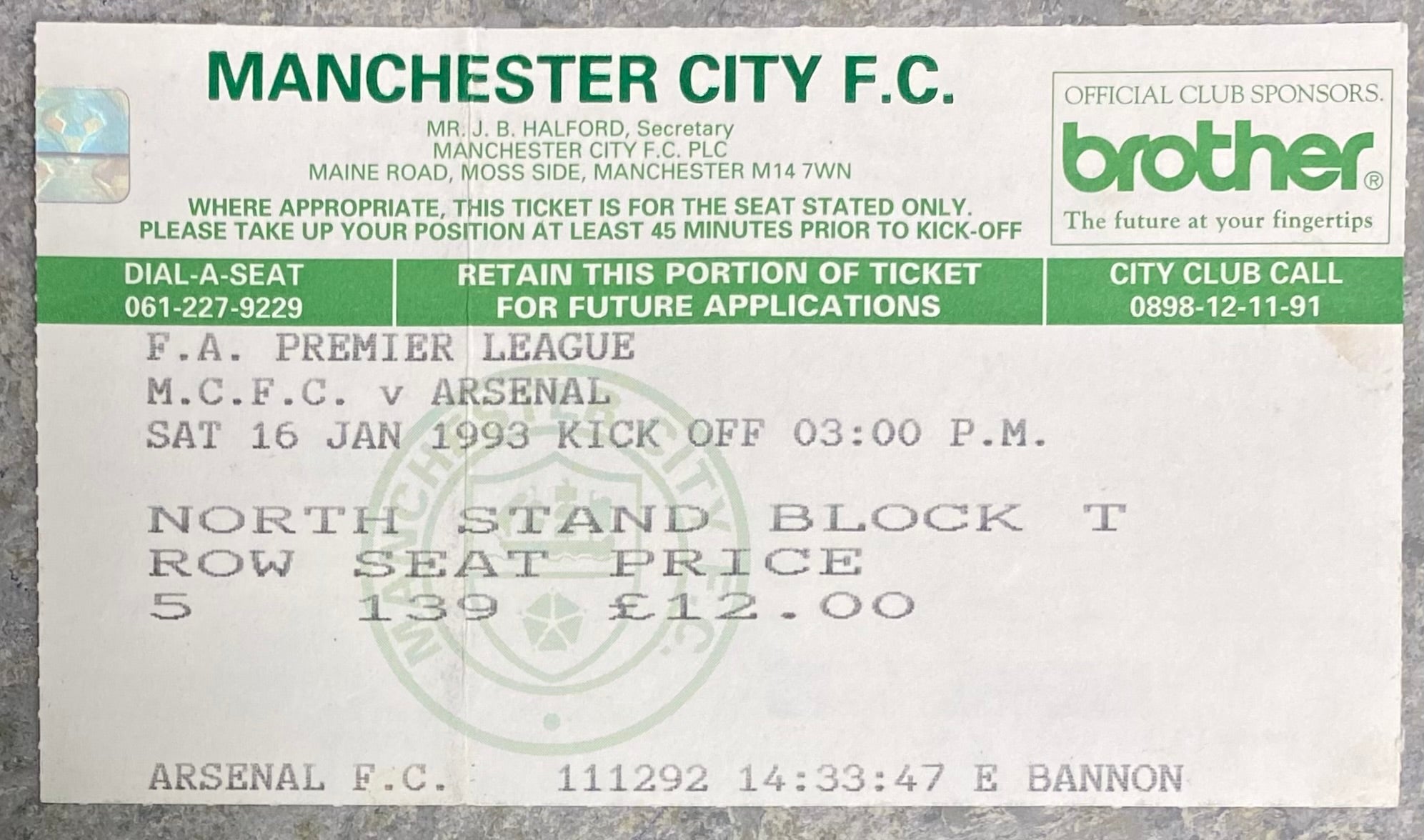 1992/93 ORIGINAL PREMIER LEAGUE TICKET MANCHESTER CITY V ARSENAL