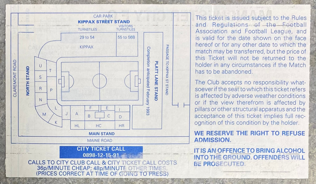 1992/93 ORIGINAL PREMIER LEAGUE TICKET MANCHESTER CITY V ARSENAL