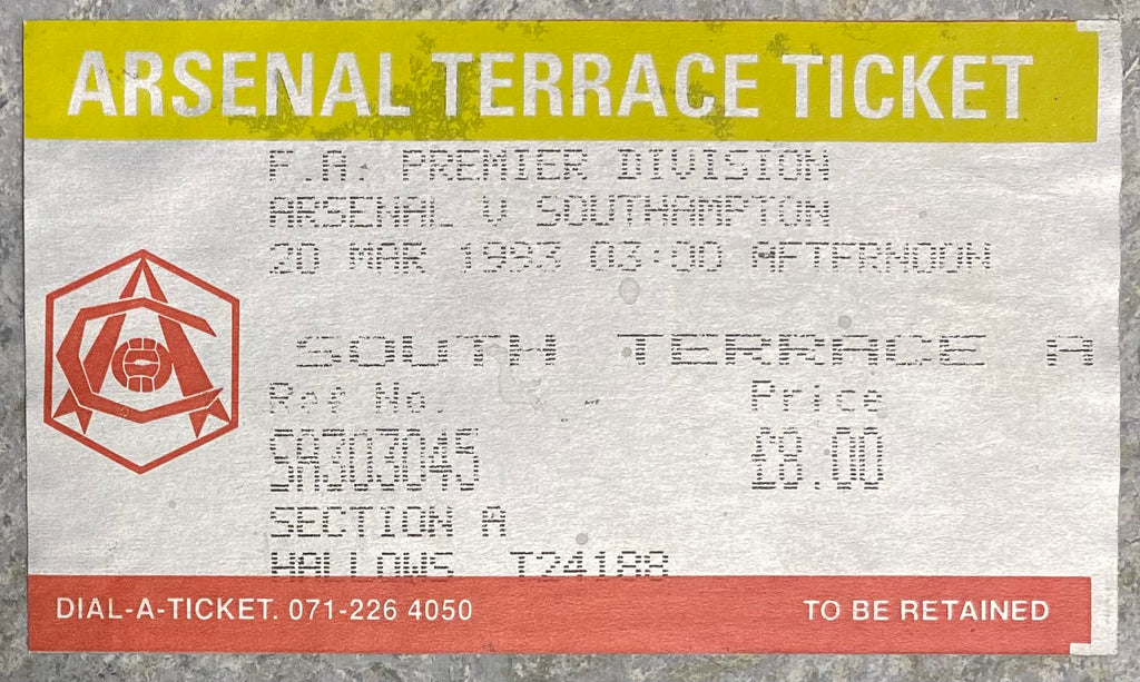 1992/93  ORIGINAL PREMIER LEAGUE TICKET ARSENAL V SOUTHAMPTON