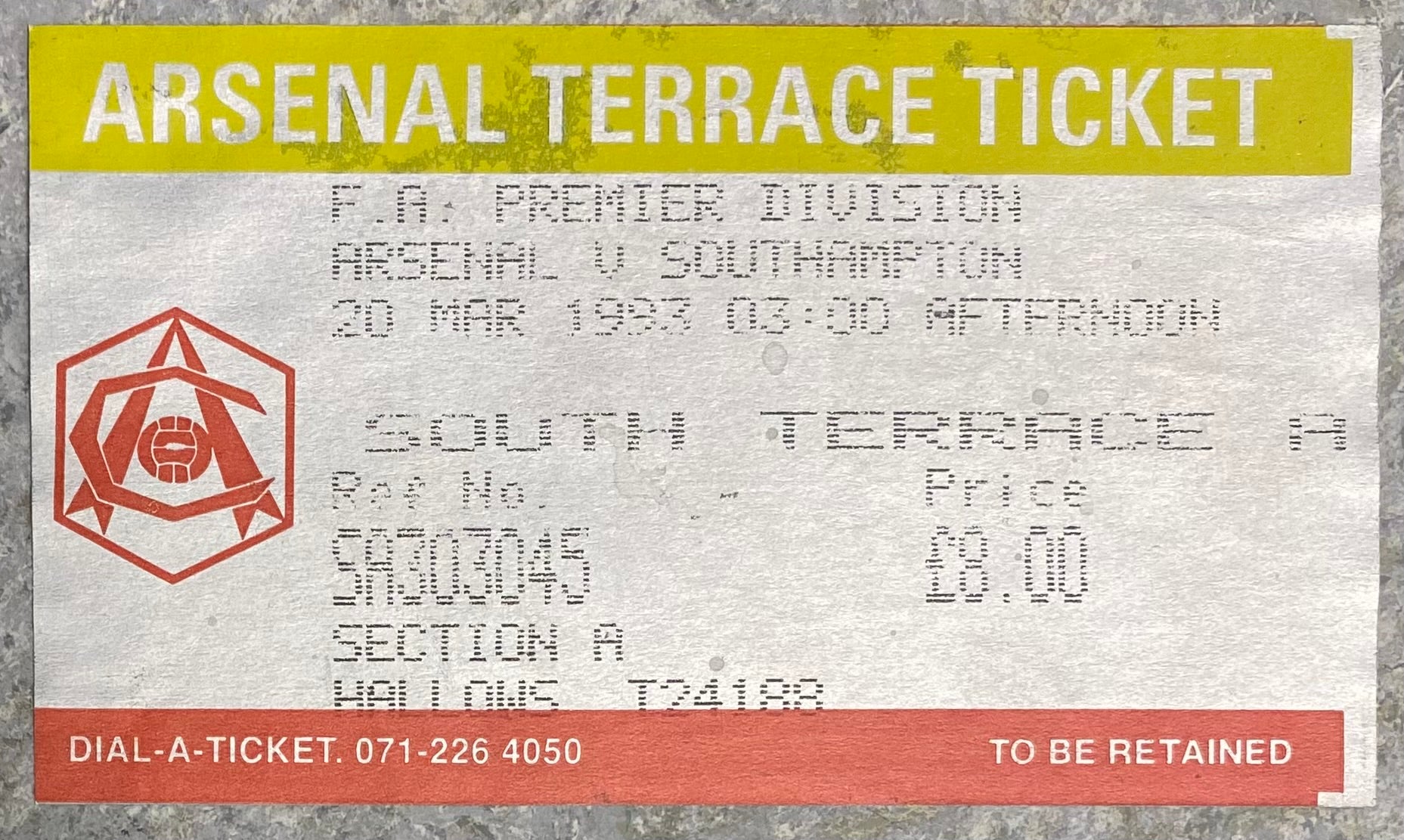 1992/93  ORIGINAL PREMIER LEAGUE TICKET ARSENAL V SOUTHAMPTON
