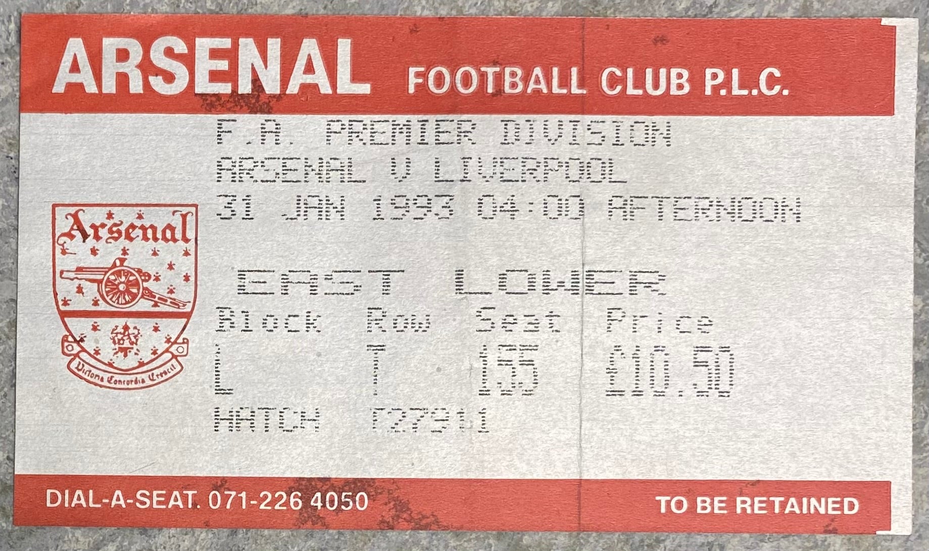 1992/93  ORIGINAL PREMIER LEAGUE TICKET ARSENAL V LIVERPOOL
