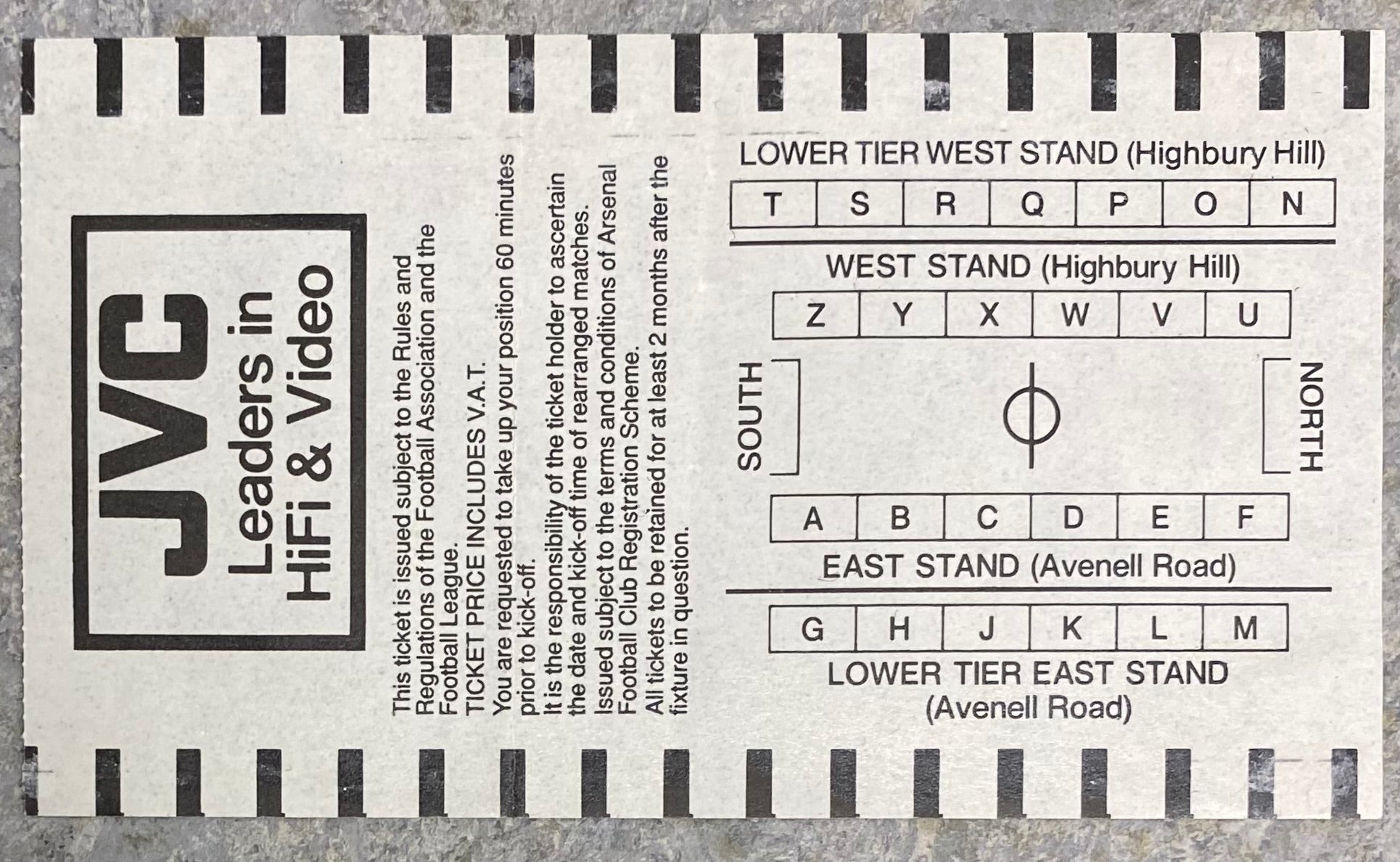 1992/93  ORIGINAL PREMIER LEAGUE TICKET ARSENAL V LIVERPOOL