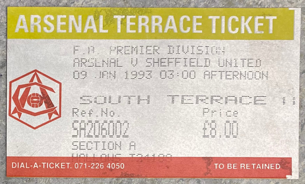 1992/93  ORIGINAL PREMIER LEAGUE TICKET ARSENAL V SHEFFIELD UNITED